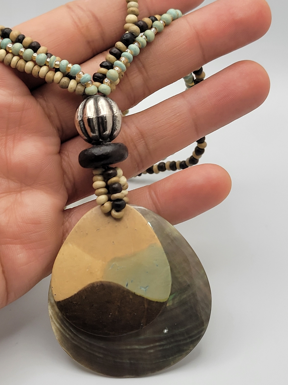 Boho Multi-Strand Beaded Necklace with Beige and Black Pendant - Picture 3 of 7